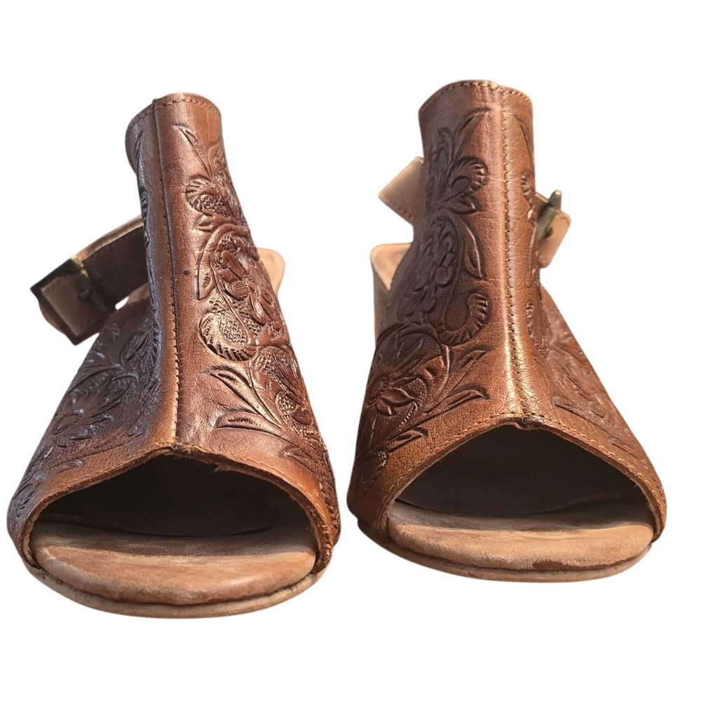 Roper Brown Floral Tooled Embossed Block 3"Heel Slingback Sandals Open Toe 7 GUC - Picture 6 of 8